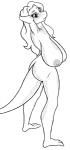 anthro big_breasts breasts female hair huge_breasts nipples non-mammal_breasts nude simple_background solo sarcolopter samantha_brooks lizard reptile scalie greyscale monochrome