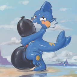 anthro balloon balloon_fetish beach biped black_balloon blue_body blue_skin blush bodily_fluids butt cloud countershading cum cum_on_balloon detailed_background dripping_wet duo genital_fluids genitals holding_balloon inflatable looking_at_viewer male misleading_thumbnail mountain_background outside penis raised_leg solo_focus standing surprised sweat t-pose tapering_penis water wet white_body white_countershading badipoki palworld pocketpair background_character gobfin pal_(species) 1:1 absurd_res hi_res