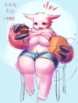 anthro anthrofied big_breasts biped bottomwear breasts chest_tuft claws clothing female fur huge_breasts open_mouth poke_puff pokemorph red_eyes shorts simple_background sitting slightly_chubby solo thick_thighs tuft ni_jikan nintendo pokemon generation_3_pokemon pokemon_(species) zangoose guide_lines signature