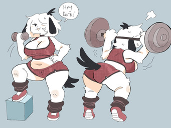 :3 anthro arm_tuft athletic_wear belly big_breasts big_butt black_ears black_tail bodily_fluids bottomwear bra breasts breath butt cleavage clothed clothing dialogue dolphin_shorts dumbbell exercise exercise_clothing female female_anthro footwear fur grey_background gym_bottomwear gym_shorts hair hand_on_hip holding_barbell holding_dumbbell holding_object kemono leg_on_box midriff navel pink_belly red_bottomwear red_clothing red_footwear red_shoes red_topwear shoes shorts shortstack shortstack_female simple_background slightly_chubby slightly_chubby_female solo speech_bubble sports_bra standing struggling sweat tail text topwear tuft underwear weightlifting weights white_body white_fur workout puppkittyfan1 pepper_(fawnpawss) canid canine canis domestic_dog mammal 2021 4:3 digital_media_(artwork) english_text full-length_portrait hi_res portrait shaded simple_shading