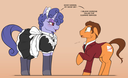 alternative_fashion animal_ears black_clothing brown_hair clothed clothing dialogue duo feral goth gothic_lolita hair horn j-fashion legwear lolita_(fashion) maid_uniform male orange_body purple_body purple_hair quadruped side_view tail text thick_thighs thigh_highs uniform denzeltip hasbro my_little_pony mythology beau_dandy fan_character equid equine mammal mythological_creature mythological_equine unicorn english_text hi_res