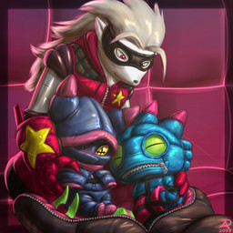 anthro bdsm bondage bound clothing coat cybernetic_arm cybernetic_limb eyes_closed female fur gloves grey_hair group hair handwear male mask mechanical_arm nylon red_eyes sleeping sleeping_bag star suit topwear trio white_body white_fur zipper radasus bandai_namco digimon digimon_beatbreak chiropmon digimon_(species) gekkomon wolvermon 1:1 2025 digital_media_(artwork) hi_res