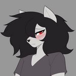 anthro biped black_hair blush clothed clothing cute_fangs fangs femboy gesture grey_background grey_body hair looking_away male motion_lines red_eyes shirt shrug simple_background solo t-shirt teeth topwear white_body oro97 fella_(oro97) canid mammal 1:1 animated short_playtime