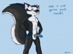 anthro balls biped black_nose blue_eyes blue_penis erection fluffy genitals hands_on_hips knot male navel penis pose solo standing taunting teasing text thefirebeard rcfox canid canine fox mammal 4:3 english_text