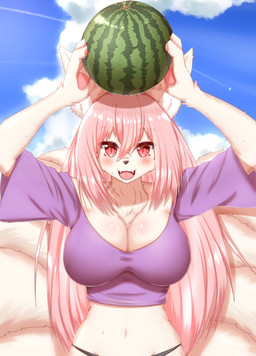 9_tails anthro big_breasts blush bodily_fluids breasts chest_tuft cleavage clothed clothing cloud cute_fangs day facial_markings fangs female female_anthro fingers food fruit fur hair head_markings holding_object inner_ear_fluff kemono long_hair looking_back markings melon multi_tail navel open_mouth open_smile outside pawpads pink_eyes pink_hair plant shirt sky smile solo sweat sweatdrop tail tan_body tan_fur teeth tongue topwear tuft watermelon horokusa0519 asian_mythology east_asian_mythology mythology canid canine fox fox_spirit mammal 2021 digital_media_(artwork) half-length_portrait hi_res portrait translated_description