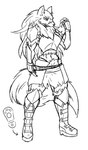 abs anthro armor boots claws clothing female footwear scar shoes solo string_panties rakkuguy velvela canid canine canis mammal wolf hi_res monochrome sketch