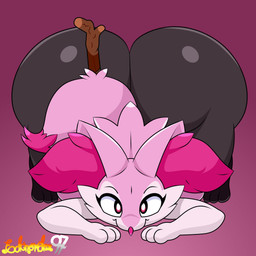 all_fours alternate_color anthro ass_up big_butt black_body bottom_heavy branch breasts butt butt_focus butt_from_the_front dipstick_tail female front_view fur huge_butt huge_hips inner_ear_fluff looking_at_viewer markings pink_background pink_body pink_fur red_eyes simple_background smile solo tail tail_markings tuft wide_hips edchowder97 nintendo pokemon bonnie_(luanctoons) fan_character braixen canid canine generation_6_pokemon mammal pokemon_(species) 1:1 2026 digital_media_(artwork) hi_res signature