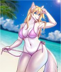 anthro beach bikini bikini_bottom bikini_top blue_eyes breasts clothing female pink_bikini pink_clothing pink_swimwear sky solo swimwear two-piece_swimsuit undressing water kitsunewaffles-chan canid canine fox mammal 2024 hi_res