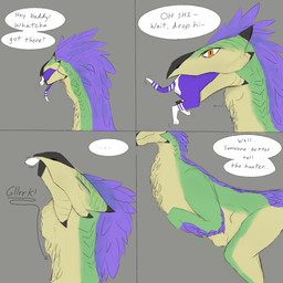 after_vore ambiguous_gender belly duo eyes_closed feral feral_pred feral_prey green_body grey_background hair head_first neck_bulge oral_vore orange_eyes purple_body purple_hair simple_background speech_bubble swallowing tail tan_body text vore white_tail therandal capcom monster_hunter bird_wyvern felid felyne lynian mammal palico seikret 1:1 2025 comic english_text hi_res