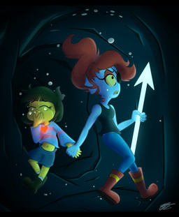 air_bubble ambiguous_gender anthro asphyxiation blue_body blue_scales boots bottomwear brown_hair cave clothed clothed_anthro clothed_female clothed_human clothing drowning duo eye_patch eyes_closed eyewear female footwear fully_submerged glowing hair hand_holding hand_on_mouth pants peril puffed_cheeks red_hair scales shirt shoes shorts tank_top topwear underwater water yellow_body yellow_skin young young_human darkneon-64 undertale undertale_(series) frisk_(undertale) undyne animal_humanoid fish fish_humanoid human humanoid mammal marine marine_humanoid 2017 digital_drawing_(artwork) digital_media_(artwork) hi_res signature