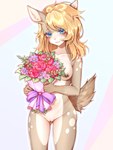 anthro belly blonde_hair blue_eyes bouquet brown_nipples clothing female flower genitals hair holding_object long_hair looking_at_viewer nipples nude plant pussy scut_tail short_tail simple_background solo spots tail tan_body white_background white_belly white_spots svetkaabdurakhmanova roadkill_(sufficient) deer mammal 2024 3:4 absurd_res hi_res