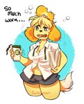 5_fingers anthro beverage big_breasts black_bottomwear black_clothing black_nose black_shorts blonde_hair bottomwear breasts clothed clothing coffee coffee_cup container cup female fingers front_view fur hair hair_bell hair_bun holding_beverage holding_coffee_cup holding_container holding_cup holding_folder holding_object hotpants messy_hair midriff motion_lines navel open_clothing open_dress_shirt open_shirt open_topwear pseudo_hair shirt shorts simple_background slim slim_anthro slim_female solo squean standing tail text tired topwear undone_shirt undone_tie white_background white_dress_shirt white_tail yellow_body yellow_fur thingsmart animal_crossing nintendo isabelle_(animal_crossing) canid canine canis domestic_dog mammal shih_tzu toy_dog english_text portrait three-quarter_portrait