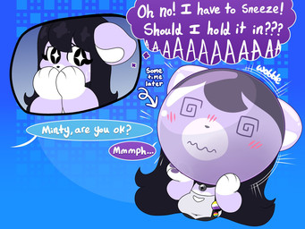 anthro before_and_after bell bell_collar black_hair clothing collar color_coded color_coded_speech_bubble dialogue dizzy_eyes female geometric_background grey_clothing grey_topwear hair head_inflation jingle_bell jingle_bell_collar name_in_dialogue offscreen_character purple_body simple_background solo speech_bubble text thought_bubble topwear vowelless vowelless_vocalization white_text wobble cutieballoonie minty_(cutieballoonie) ambiguous_species 2024 4:3 english_description english_text hi_res