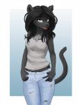 2016 anthro blue_eyes bottomwear breasts clothing denim denim_bottomwear denim_clothing fangs felid female hi_res jeans jenifer_(character) looking_at_viewer mammal pantherine pants shirt simple_background smile solo tank_top teeth topwear vulpessentia