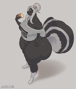 anthro big_breasts big_butt biped bottomless bottomless_anthro bottomless_female breasts butt clothed clothing female food genitals hand_on_hip high-angle_view huge_breasts huge_butt huge_hips huge_thighs mature_anthro mature_female overweight overweight_anthro overweight_female pastry pubes shadow simple_background solo thick_thighs vulva wide_hips casloafy bailey_(casloafy) mammal mephitid skunk 2026 absurd_res hi_res