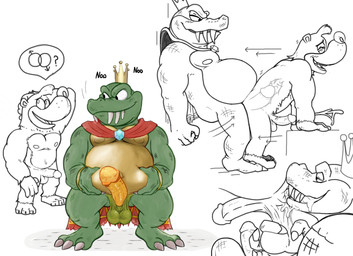 anal anthro backsack balls bracelet butt cape clothing contextual_arrow crown directional_arrow duo genitals gold_(metal) gold_bracelet gold_jewelry green_body green_scales headgear humanoid_genitalia humanoid_penis jewelry male male/male motion_arrow motion_onomatopoeia muscular nipples nodding nodding_head non-mammal_balls non-mammal_nipples nude onomatopoeia oral overweight overweight_anthro overweight_male penis question_mark questioning_tone rimming scales sex sound_effects speech_bubble text vein veiny_penis bowserboy101 banjo-kazooie donkey_kong_(series) nintendo rareware banjo_(banjo-kazooie) king_k._rool bear crocodile crocodilian humanoid mammal reptile scalie crossover hi_res pictographics