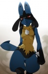 anthro anthrofied black_body black_fur blue_body blue_fur breasts female fur pokemorph red_eyes simple_background solo tail walking yellow_body yellow_fur agemono nintendo pokemon canid canine generation_4_pokemon lucario mammal pokemon_(species)