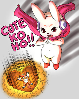 3_fingers 3_toes action_scene ambiguous_gender big_ears clothing cracks crater electronics exclamation_point feet fingers fingertips_touching footwear hands_together headphones motion_lines navel open_mouth red_eyes scarf shoes simple_background tail text toes tongue saikyoryuuougi bandai_namco digimon dragon_ball cutemon digimon_(species) shoutmon 4:5 absurd_res hi_res