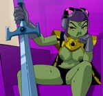 areola armor big_areola big_breasts big_nipples breasts clothing female freckled_breasts freckles green_body green_skin headgear melee_weapon navel nipples panties red_eyes sitting solo sword underwear weapon yellow_sclera inker_comics ben_10 cartoon_network attea alien alien_humanoid amphibian animal_humanoid frog humanoid incursean mammal mammal_humanoid 2022 hi_res