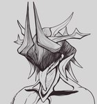 absurd_res alien ambiguous_gender biomechanical black_and_white crown_of_horns digital_extremes ember_(warframe) ember_pyraxis eyeless hi_res horn humanoid long_tongue many_horns mawframe monochrome searyn sharp_teeth signature simple_background solo teeth tencent tongue tongue_out warframe warframe_(species)