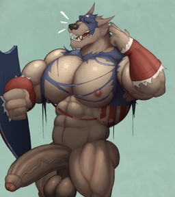 abs anthro balls biceps big_muscles big_pecs big_penis black_sclera blue_bodysuit blue_clothing blue_mask blue_skinsuit bodysuit clothing fangs foreskin fur genitals green_background grey_body grey_fur huge_penis humanoid_genitalia humanoid_penis male mostly_nude multicolored_bodysuit multicolored_clothing multicolored_skinsuit muscular muscular_anthro muscular_male nipples pecs penis red_bodysuit red_clothing red_eyes red_skinsuit shield simple_background skinsuit solo teeth tight_clothing torn_bodysuit torn_clothing torn_skinsuit uniform vein veiny_penis white_bodysuit white_clothing white_skinsuit fleshformomo marvel mythology captain_america capwolf canid canine mammal mythological_canine mythological_creature werecanid werecanine werecreature werewolf 2026 digital_media_(artwork) hi_res