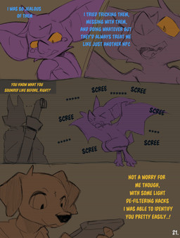 ambiguous_gender anthro big_ears black_text blue_text cloak clothed clothing comic_panel dialogue flapping_wings melee_weapon onomatopoeia purple_body sound_effects sword sword_on_back text weapon weapon_on_back wings yellow_eyes yellow_text conditional_dnp dacad tyler_(dacad) zipper_(dacad) bat canid canine mammal comic hi_res restricted_palette