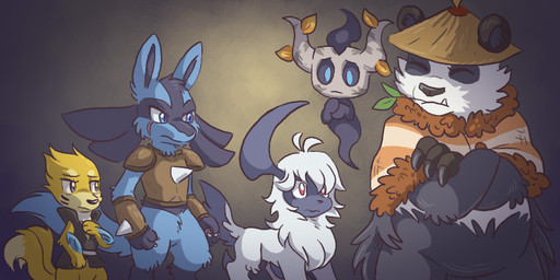 2_tails ahoge angry anthro armor biped black_body black_fur black_sclera blue_body blue_eyes blue_fur bottomless chest_spike claws clothed clothing cuff_(restraint) dipstick_tail eye_markings eye_scar eyes_closed facial_markings facial_scar fangs feral finger_claws fur group hair hand_spike hat head_markings head_tuft headgear headwear leaf light mane markings multi_tail orange_body orange_fur pauldron plant red_eyes restraints round_ears scar semi-anthro snout spikes spikes_(anatomy) standing straw_hat tail tail_markings tail_tuft teeth tuft twig underbite whisker_markings white_hair wrist_cuffs shellyochunks nintendo pokemon tales_of_tabira prier_(tales_of_tabira) absol bear buizel canid canine elemental_creature flora_fauna generation_3_pokemon generation_4_pokemon generation_6_pokemon lucario mammal mustelid pangoro phantump pokemon_(species) spirit 2016 2:1 character_request lighting