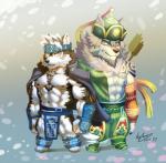 abs anthro biceps clothed clothing coat_cape duo fur kemono male mongolian mongolian_clothing muscular nipples pecs tattoo wolfmalro lifewonders tokyo_afterschool_summoners horkeu_kamui_(tas) temujin_(tas) canid canine canis mammal wolf 2017