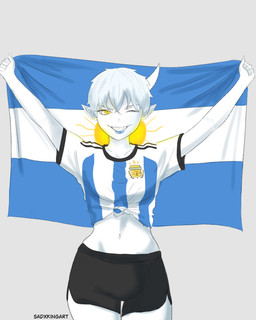 argentina argentina_flag blue_lipstick bottomwear clothing eyelashes female hair horn lipstick makeup navel pointy_ears raised_arms sharp_teeth short_hair shorts smile smiling_at_viewer solo teeth white_hair yellow_eyes sadxkingart lilith_(sadxkingart) demon demon_humanoid horned_humanoid humanoid succubus 4:5 absurd_res hi_res