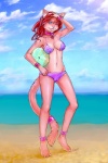 5_toes anklet anthro ball barefoot beach beach_ball bikini blue_eyes bracelet breasts camel_toe claws clothed clothing cloud collar detailed_background feet female fur hair holding_ball holding_object inflatable jewelry long_hair navel one_eye_closed outside pink_body pink_fur plantigrade pool_toy red_hair sand seaside skimpy sky solo swimwear tail tight_clothing toes two-piece_swimsuit water fudchan kittyflame domestic_cat felid feline felis mammal 2009 2:3