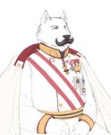 anthro austria austria-hungary blue_eyes dress_uniform emperor facial_hair fur habsburg hungary jewelry king male mature_male medal merit_cross mustache order_of_maria_theresa order_of_merit order_of_saint_stephan order_of_the_golden_fleece royalty solo white_body white_fur mitchthegoat canid canine canis mammal wolf hi_res