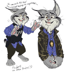 anthro clothing dialogue fur grey_body grey_fur male pawpads paws police police_uniform shoeless simple_background solo text uniform voice_actor_joke oolonglatte brooklyn_nine-nine disney zootopia pawbert_lynxley canada_lynx felid feline lynx mammal english_text hi_res