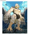 aircraft anthro building bulge city clothing destruction detailed_bulge helicopter macro male solo speedo stomping swimwear vehicle white_body wolfmalro breath_of_the_wild nintendo the_legend_of_zelda teba_(tloz) avian bird rito absurd_res hi_res