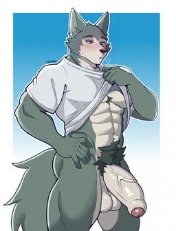 abs anthro balls barazoku big_balls big_penis biped blush bodily_fluids bottomless bottomless_anthro bottomless_male breath clothed clothing clothing_lift fingers foreskin front_view fur genitals glans gradient_background grey_body grey_fur half-closed_eyes half-erect hand_on_hip humanoid_genitalia humanoid_hands humanoid_penis male muscular muscular_anthro muscular_male narrowed_eyes penis pubes shirt shirt_lift simple_background solo standing sweat sweatdrop sweaty_face tail text topwear vein veiny_penis white_clothing white_shirt white_topwear darolion beastars legoshi_(beastars) canid canine canis mammal wolf 2026 artist_name colored hi_res portrait shaded three-quarter_portrait