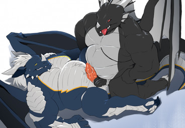 2_horns animal_genitalia anthro barazoku black_body black_sclera blue_body bodily_fluids chin_spikes claws dorsal_fin dorsal_frill ear_fins erection facial_spikes fin frill_(anatomy) genital_fluids genital_slit genitals grey_body hair horn leaking_precum male male/male multicolored_body nude overweight overweight_male penetration penis precum red_eyes scales simple_background slightly_chubby slit_penetration slit_play spikes spikes_(anatomy) spines tongue tongue_out ventral_scales white_hair wings yellow_eyes mielua mythology negadrake wikiwarrior dragon mythological_creature mythological_scalie scalie 2025 hi_res