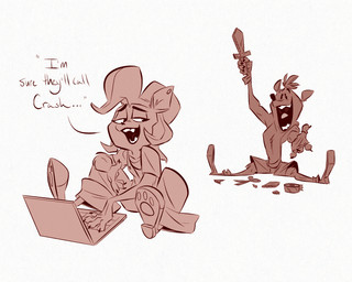 anthro clothing computer dialogue dot_eyes duo ear_piercing electronics female footprint laptop male male/female markings melee_weapon overalls pawprint pawprint_(marking) piercing shirtless_male simple_background simple_coloring simple_eyes sitting smile sword text weapon fluttershythekind activision crash_bandicoot_(series) coco_bandicoot crash_bandicoot bandicoot mammal marsupial english_text brother_(lore) brother_and_sister_(lore) sibling_(lore) sister_(lore)