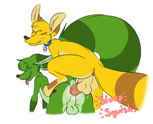 all_fours anal anal_penetration anal_tugging anthro anthro_on_feral anthro_penetrated anus backsack balls bestiality bodily_fluids brown_markings butt butt_heart butt_markings collar collar_tag cum cum_on_balls cum_on_butt doggystyle drooling duo erection eyes_closed feral feral_penetrating feral_penetrating_anthro fluffy fluffy_tail from_behind_position fur genital_fluids genitals green_body green_fur heart_(marking) inner_ear_fluff interspecies leg_markings male male/male male_on_feral male_penetrated male_penetrating male_penetrating_male markings nude penetration penis pink_penis red_markings ring_(marking) ringed_tail saliva sex simple_background socks_(marking) sound_effects step_position striped_markings striped_tail stripes tail tail_markings text tongue tuft vein veiny_penis yellow_body yellow_fur halbean feryl twerp_(halbean) citra mammal