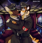 anthro armband clothing drama duo eyes_closed french_kissing hat headgear headwear kissing male male/male nazi nazi_armband paradox schutzstaffel sharp_teeth ss_insignia swastika tail teeth tongue tongue_out totenkopf uniform ratiries canid canine canis domestic_dog felid german_shepherd herding_dog mammal pantherine pastoral_dog tiger character_request hi_res lol_comments