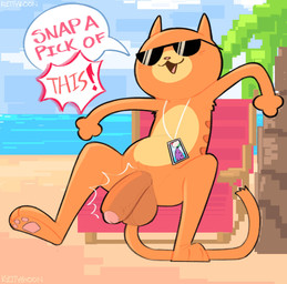 anthro beach biped detailed_background dialogue erection exclamation_point eyewear foreskin fur genitals glans humanoid_genitalia humanoid_penis male mostly_nude orange_body orange_fur pawpads penis plant sea sitting solo speech_bubble sunglasses tongue tree water sushiamazing bits_and_bops domestic_cat felid feline felis mammal absurd_res hi_res