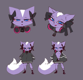 anthro areola biped blue_eyes blush bottomless bottomless_anthro bottomless_female breasts clothed clothing electronics exposed_breasts female front_view frown fur grey_background headphones headphones_around_neck long_tail looking_aside looking_at_viewer medium_breasts multicolored_body multicolored_fur nipples purple_body purple_fur simple_background smile solo standing tail two_tone_body two_tone_fur unzipped_jacket white_body white_fur alexsavenije aggretsuko sanrio shikabane_(aggretsuko) mammal mephitid skunk bust_portrait colored full-length_portrait hi_res multiple_images portrait shaded