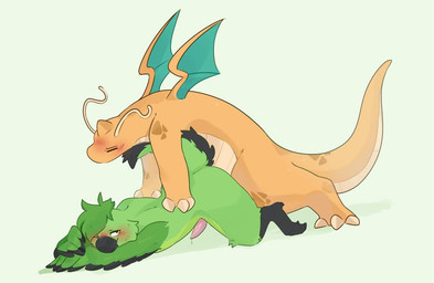 anthro bedroom_eyes blush bodily_fluids doggystyle duo feet from_behind_position genitals green_body male male/male narrowed_eyes penis seductive sex talons tapering_penis toes wings cometdragonite mythology nintendo pokemon cleo_(cleothebirb) avian bird dragon dragonite generation_1_pokemon humanoid mythological_creature mythological_scalie pokemon_(species) scalie