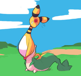 blue_sky duo green_body oral_vore outside simple_background sky vore yellow_body mienvian nintendo pokemon ampharos generation_2_pokemon generation_5_pokemon pokemon_(species) snivy 2026 low_res