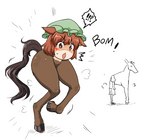 blush bodily_fluids bottomwear brown_body clothing duo female hooves interrobang open_mouth shocked skirt standing sweat transformation what sukedai_haniwa touhou chen_(touhou) equid equine horse humanoid hybrid mammal 2022