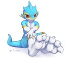 anthro blue_body claws feet fin foot_focus male nude orange_eyes paws simple_background sitting smile solo tail toes fishy_fizz mythology aquatic_dragon dragon marine mythological_creature mythological_scalie scalie digital_media_(artwork) hi_res