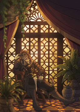 anthro arm_support chair clothed clothed_anthro clothed_male clothing curtains curtains_open dark_hair detailed_background dreadlocks fully_clothed fully_clothed_anthro fur furniture grey_body grey_fur inside jewelry leaning_on_elbow male on_chair pink_nose plant red_eyes relaxing sitting sitting_on_chair smile smiling_at_viewer smirk smirking_at_viewer smug solo striped_body stripes warm_lighting conditional_dnp roughjaki microsoft the_elder_scrolls bulako_(dwayyo) felid khajiit mammal absurd_res digital_media_(artwork) hi_res warm_colors