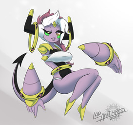 big_breasts breasts clothed clothing eyelashes female hair horn multicolored_hair one_eye_closed open_mouth pink_hair pokemorph simple_background solo teeth white_hair wink latiar nintendo pokemon chira_(latiar) generation_6_pokemon genie hoopa hoopa_(confined) humanoid legendary_pokemon mammal pokemon_(species) hi_res