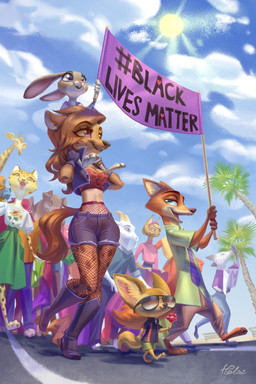 accessory anthro boots bottomwear carrying_another clothing crop_top eyewear female fishnet_clothing footwear group jacket light light_beam male marching midriff necktie on_shoulders politics shirt shoes shorts sunbeam sunglasses sunlight text topwear holivi black_lives_matter disney zootopia finnick_(zootopia) helena_(bonk6) judy_hopps nick_wilde bovid canid canine caprine felid feline fennec_fox fox giraffe giraffid goat hyena lagomorph leopard leporid lynx mammal pantherine rabbit red_fox spotted_hyena true_fox 2:3 absurd_res digital_media_(artwork) english_text hi_res