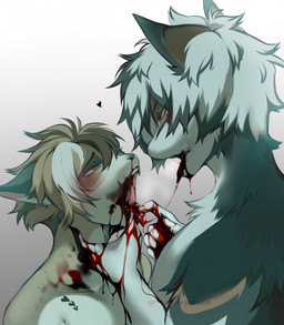 after_kiss anthro anthro_on_anthro blood blood_from_mouth blood_in_mouth blood_on_face blood_on_hand blood_string blue_eyes blush bodily_fluids brown_body brown_fur brown_hair dominant dominant_anthro dominant_male drinking drinking_blood duo excessive_blood fangs femboy fur gore gradient_background grey_body grey_fur grey_hair hair kissing licking_blood male male/male male_anthro mouth_play nosebleed open_mouth saliva saliva_string short_hair simple_background submissive submissive_anthro submissive_male teeth tongue tongue_grab tongue_out white_background white_hair crowlix canid canine domestic_cat felid feline felis mammal 2023 bust_portrait hi_res portrait