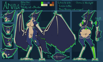 anthro ara_ara bat_wings blue_body blue_feathers blue_fur bone breasts butt claws feathers female fur green_eyes green_mouth membrane_(anatomy) membranous_wings mutton night nude paws relaxed_expression scales simple_background smile smiling_at_viewer smirk smirking_at_viewer solo tail tan_body tan_scales text tongue tongue_out wingarms wings wings_instead_of_hands trueblue3d microsoft minecraft mojang xbox_game_studios aruna_the_phantom phantom_(minecraft) undead english_text hi_res model_sheet