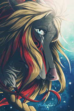 black_body black_fur blonde_hair blue_eyes bodily_fluids braided_hair chest_tuft eyebrows eyelashes facial_markings female feral fur hair hair_dye head_markings markings pink_nose red_hair solo tears tuft volinfer canid canine canis mammal wolf 2015 2:3 digital_media_(artwork) headshot_portrait hi_res portrait